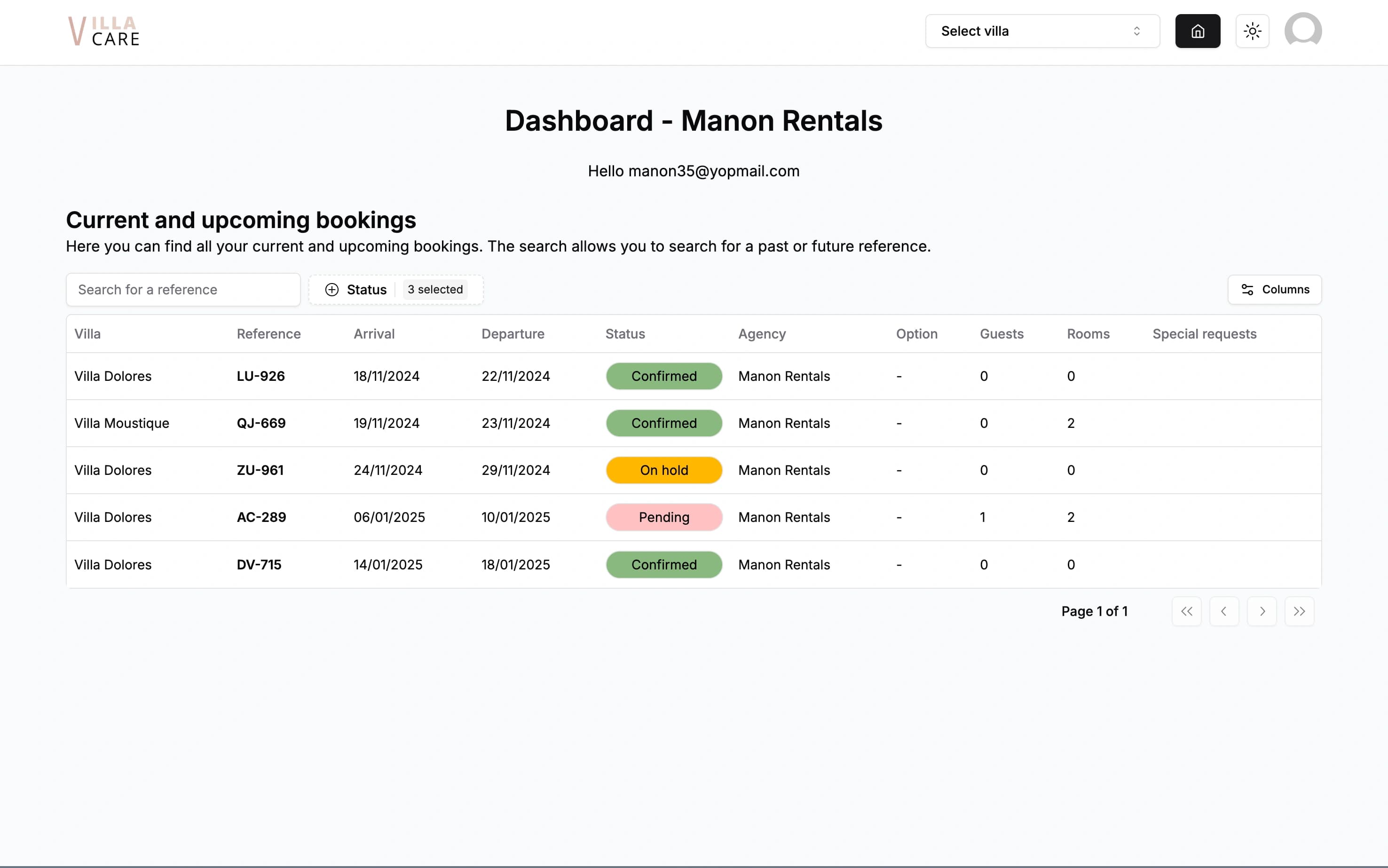Partner agency dashboard showing accessible villas and bookings