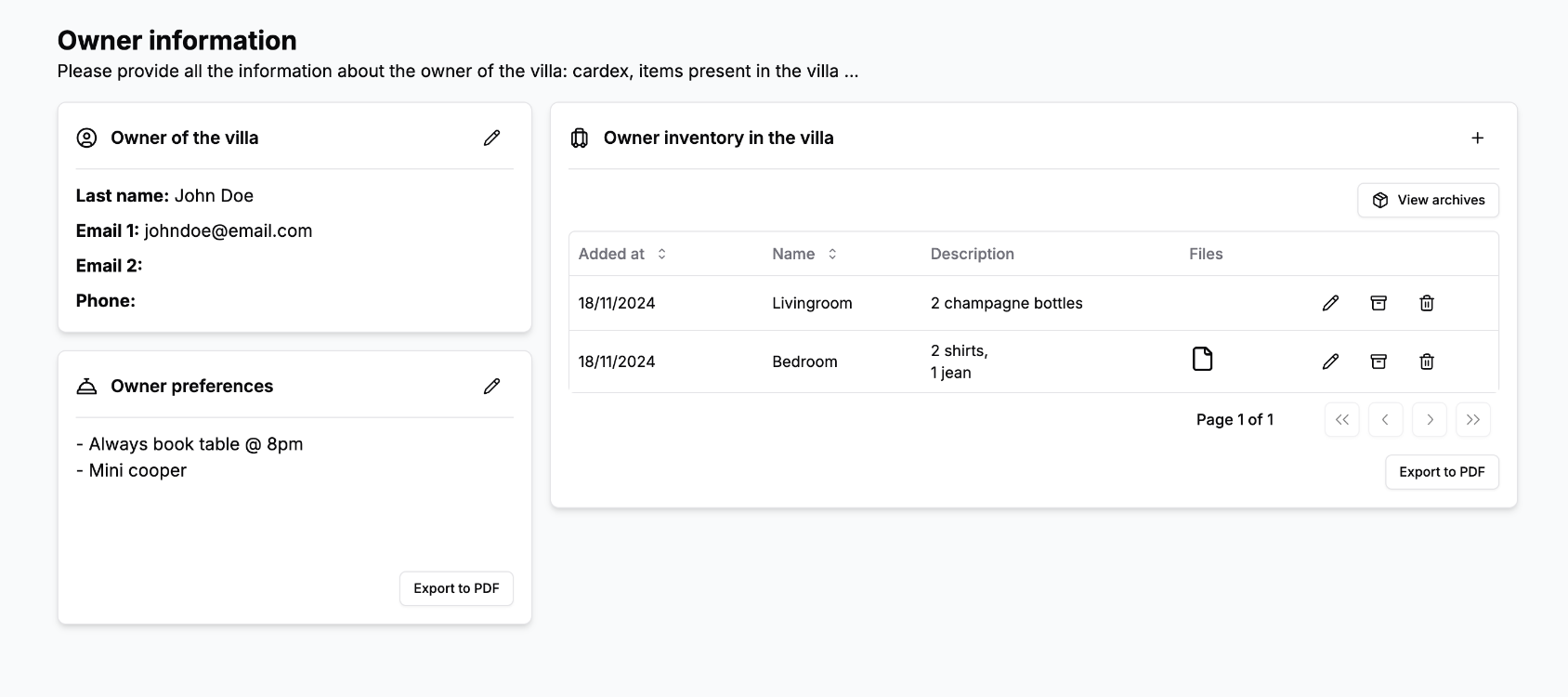 Owner page presenting item inventory and owner preferences