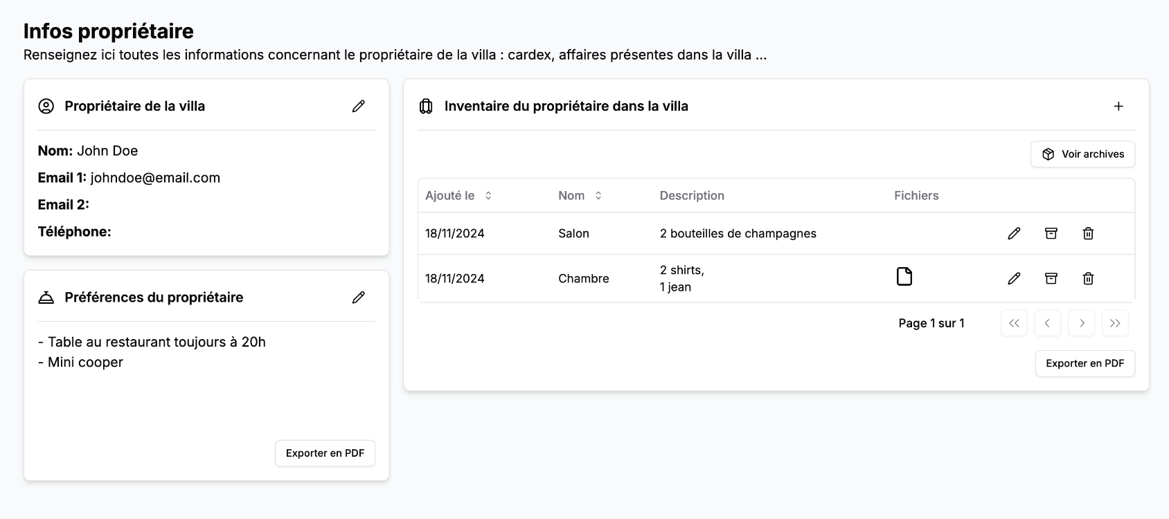 Page propriétaire présentant l'inventaire des objets et les préférences du propriétaire