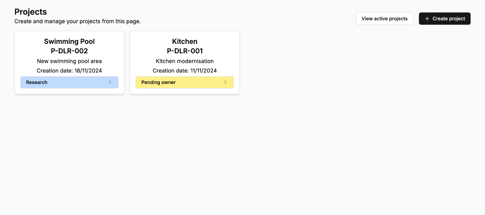 Project management page displaying interventions and notes associated with a villa