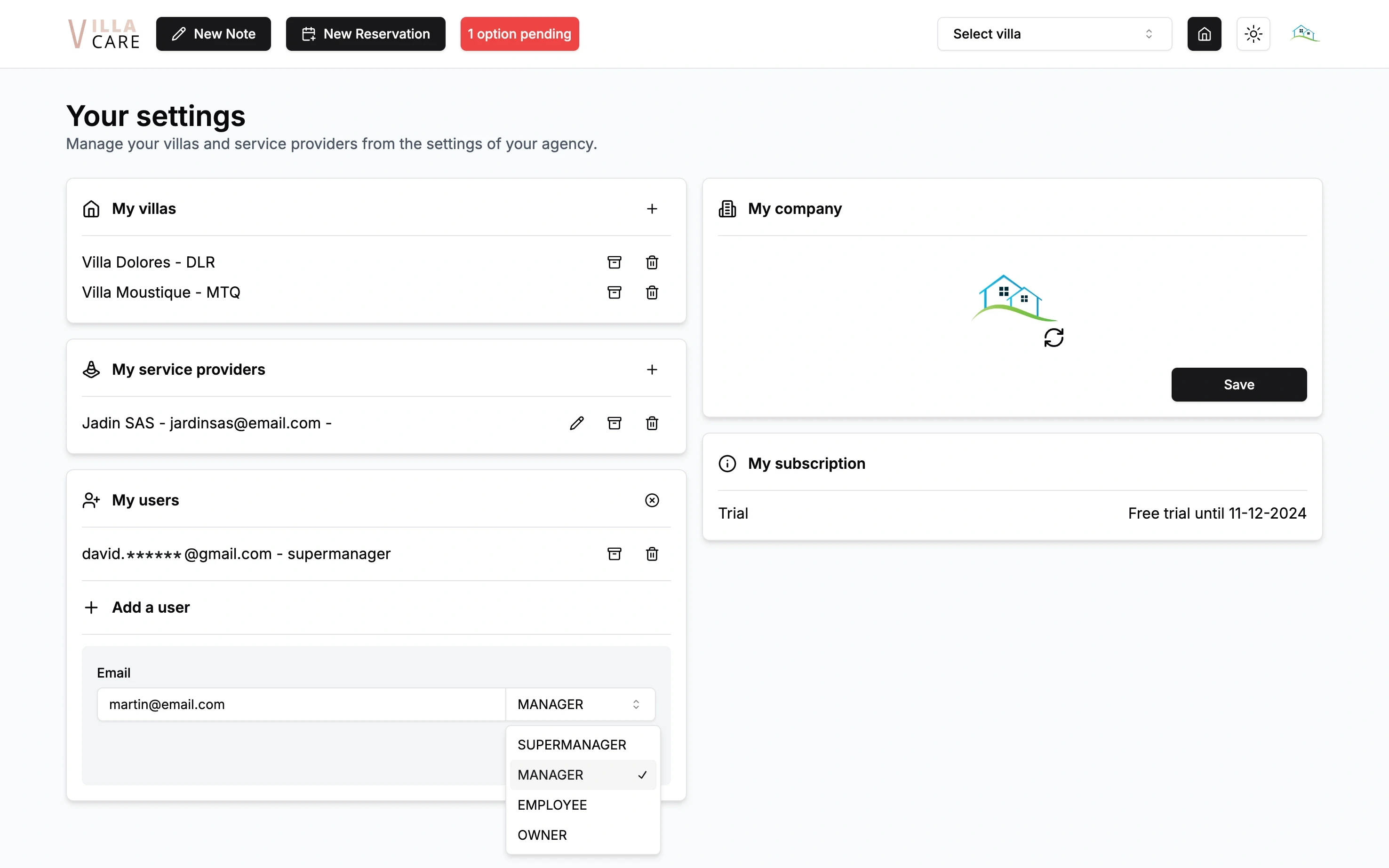 Settings page for managing users and villas